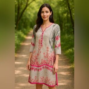 BTW By The‎ Way Dress Women Small Pink Gray Floral Tunic Long Kurta Style Blouse
